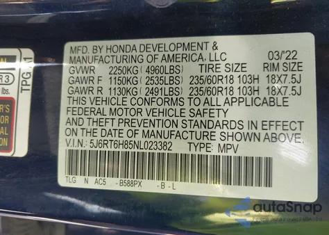 2022 Honda Cr-V Hybrid Ex-L z USA, uszkodzony, nr VIN 5J6RT6H85NL023382